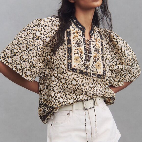 By Anthropologie Boho Print Pleated Puff Sleeve Blouse NWOT - Picture 1 of 6